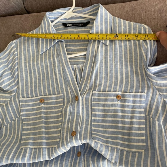 Zara women’s Blue Dress belted, long sleeve  White stripe long Dress shirt Small - Picture 10 of 12